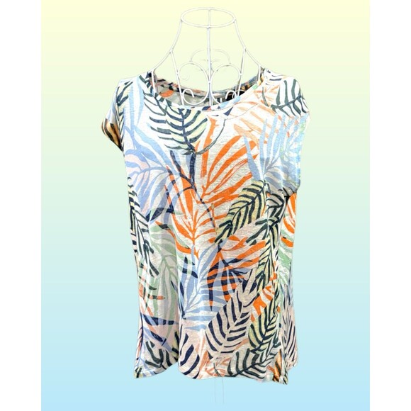 TAHARI 100% Linen Slub Knit Button Back Women’s T-Shirt Top Size M in Leaf Print - Picture 1 of 5